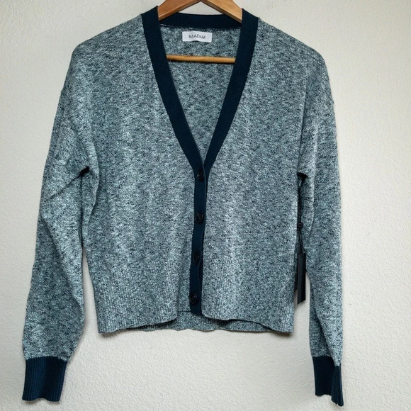 Naadam V-Neck Cardigan Cashmere blend Blue Trim Womens Small - Picture 2 of 7